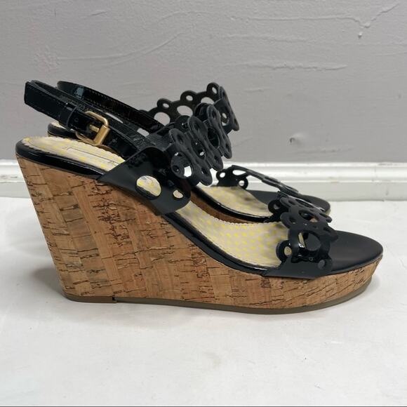 BODEN Cork Wedge Heels Womens Size 41 Patent Leather Sandals Chic Summer Vaca - Picture 4 of 9